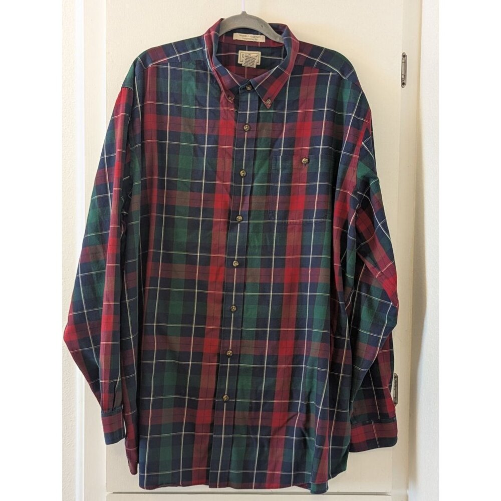 L.L. Bean Mens Traditional Fit Plaid Button-Down Shirt XXL Tall Cotton/Wool